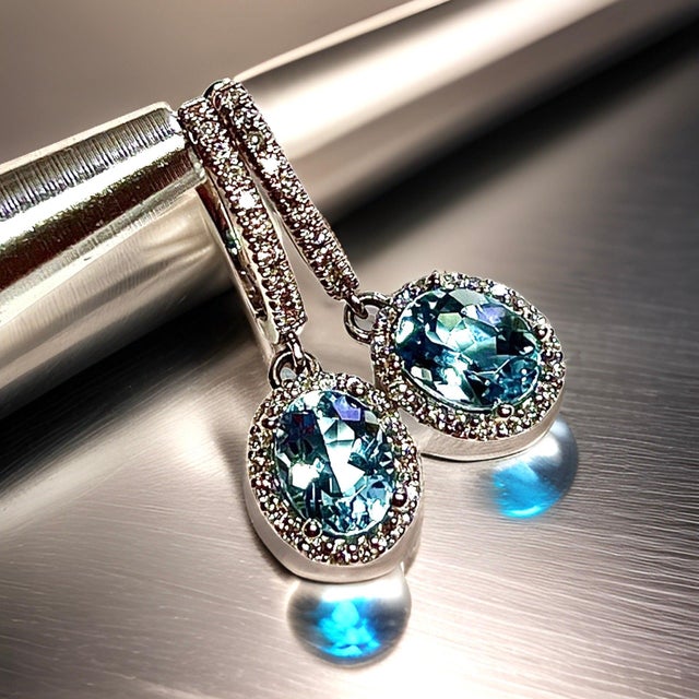 Natural Aquamarine Diamond Dangle Earrings 14k W Gold 2.55 TCW Certified For Sale - Image 4 of 12