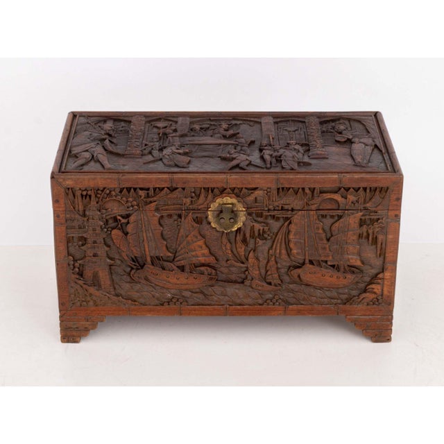 Chinese Chinese Figural Carved Camphor Wood Chest For Sale - Image 3 of 12