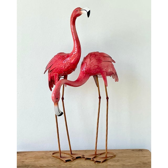 Vintage Boho Painted Metal Flamingos - Set of 2 For Sale - Image 9 of 12