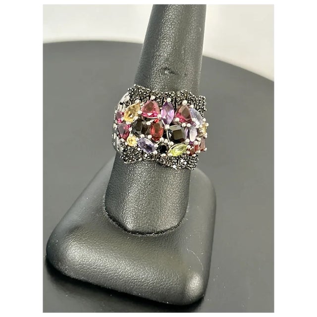 Boho Chic Sterling Multi-Color Gemstone Ring, Size 9 For Sale - Image 3 of 10
