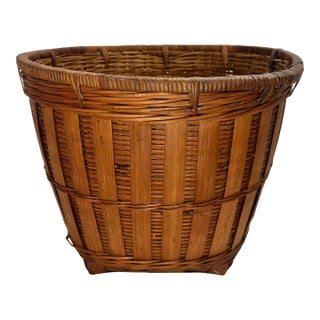 Vintage Palm Beach Coastal Tortoise Bamboo and Rattan Wastebasket For Sale