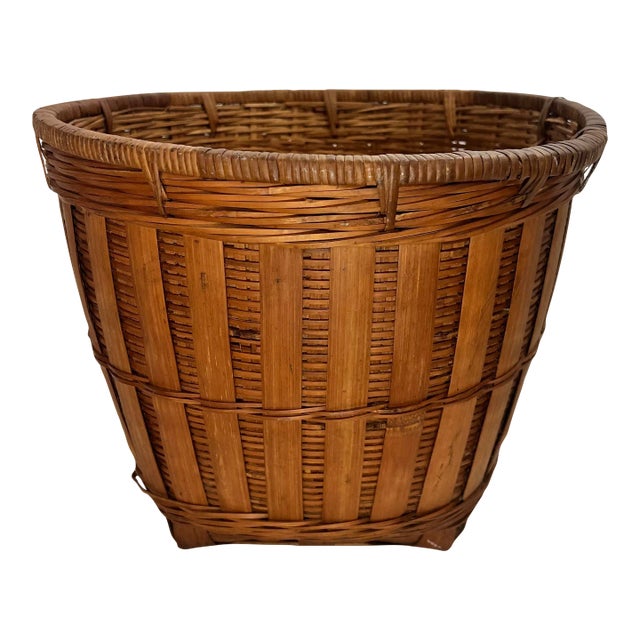 Vintage Palm Beach Coastal Tortoise Bamboo and Rattan Wastebasket For Sale