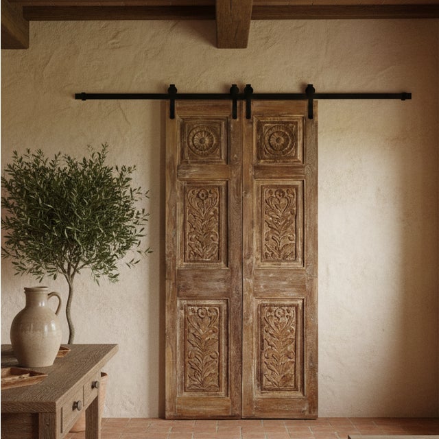 Mid-Century Modern Antique Floral Carved Double Closet Doors – French Style Wood Panels 80x35 For Sale - Image 3 of 3