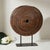 Mid 20th Century Antique Wagon Wheel on Metal Stand | Farmhouse Country Log Cabin Décor | Primitive Display |Rustic Distressed Solid Wood Wheel Sculpture For Sale - Image 5 of 6