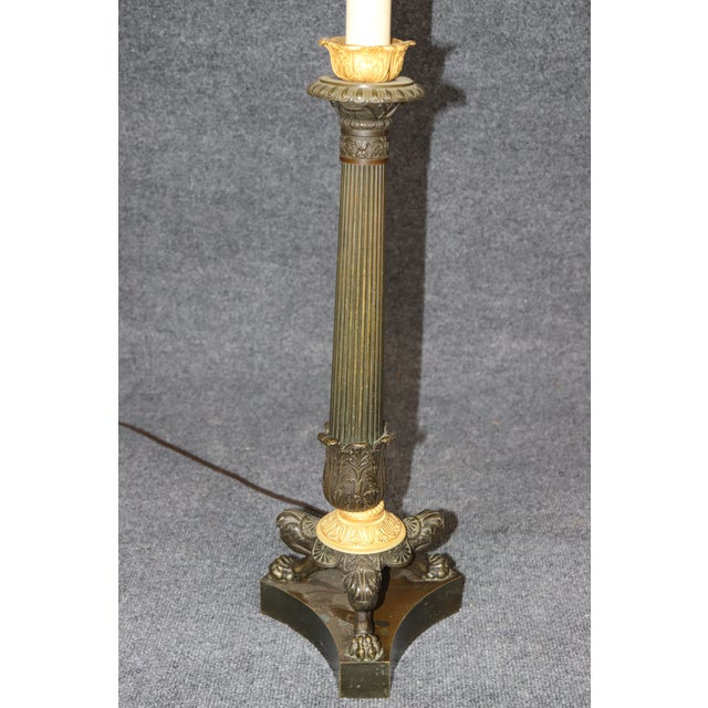 Pair of Antique Candlestick French Empire Patinated and Gilt Bronze Table Lamps For Sale - Image 4 of 9