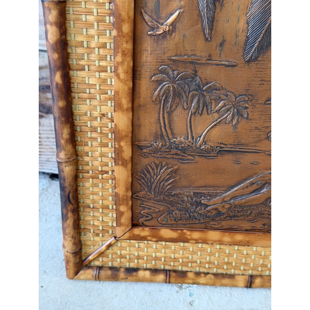 Mid 20th Century Vintage Hawaiian Tiki Copper Relief in Tortoise Bamboo Frame With Woven Rattan Mat For Sale - Image 5 of 12