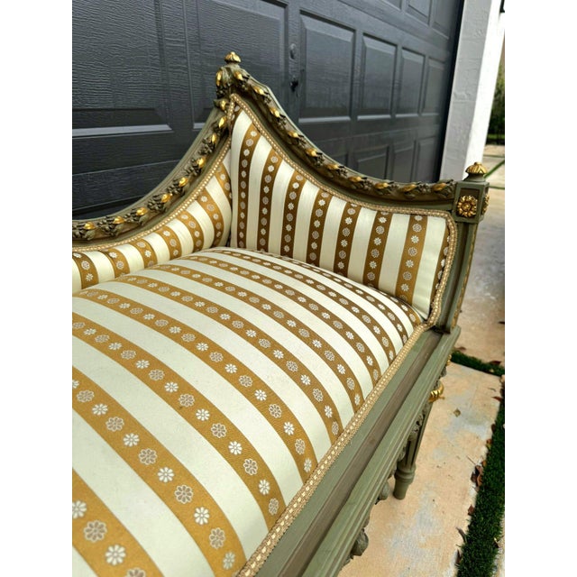 French Style Golden Settee – Damask Upholstery With Gold Leaf Details For Sale In Miami - Image 6 of 10