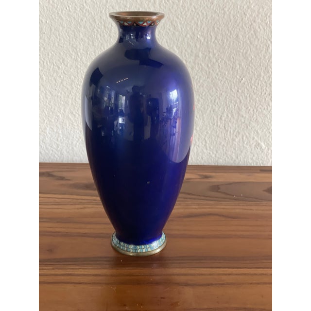 Stunning, Stamped Meiji Period Japanese Cloisonné Vase With Cherry Blossom, Iris and Sparrow Details, 10” For Sale In San Diego - Image 6 of 12