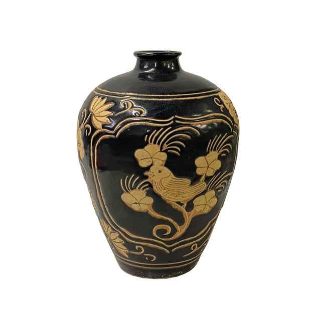 Ceramic Chinese Ware Black Brown Glaze Ceramic Bird Vase Display Art For Sale - Image 7 of 7