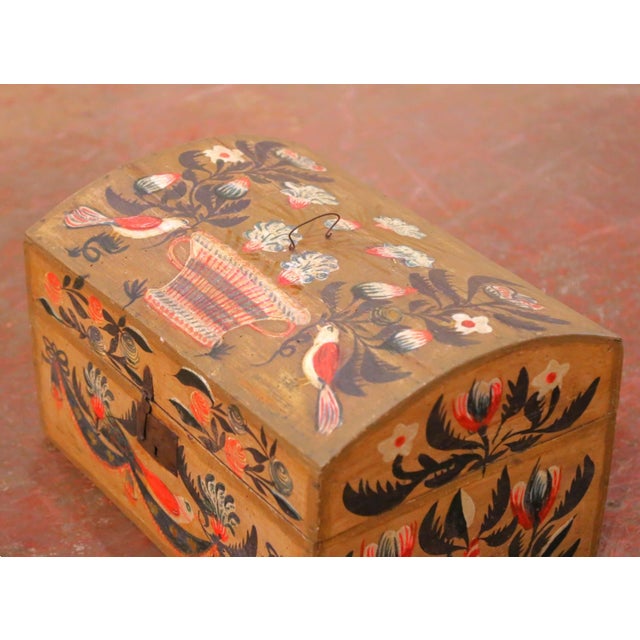 18th Century French Normandy Carved & Painted "Coffre De Mariage" Wedding Trunk For Sale - Image 4 of 9