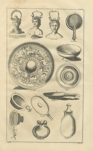 Bernard de Montfaucon, Roman Mirrors, Vessels & Mythological Antiquities, 1721, Engraving