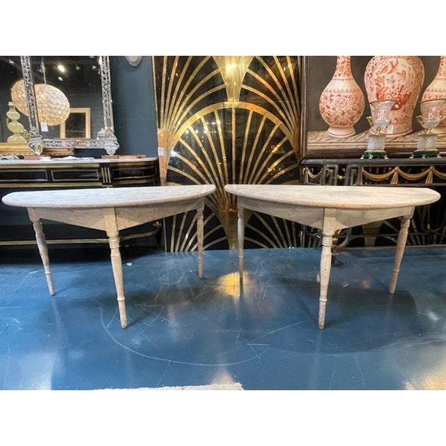 Traditional Pair of 19th C. Swedish Painted Demi-Lune Consoles For Sale - Image 3 of 7