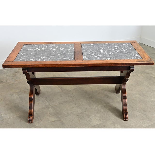 Metal Italian 19th Century Inset Marble-Top Oak Trestle Table For Sale - Image 7 of 14