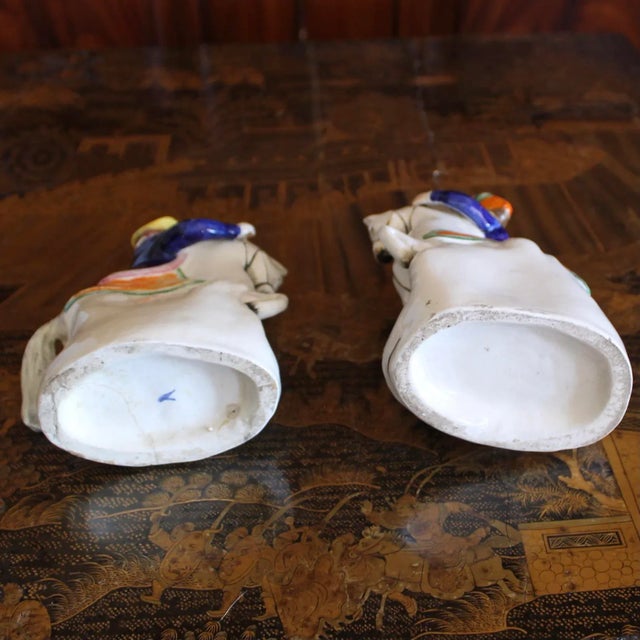 Ceramic Pair of Staffordshire Figures, Lady and Gentleman, Mounted on Horses For Sale - Image 7 of 8