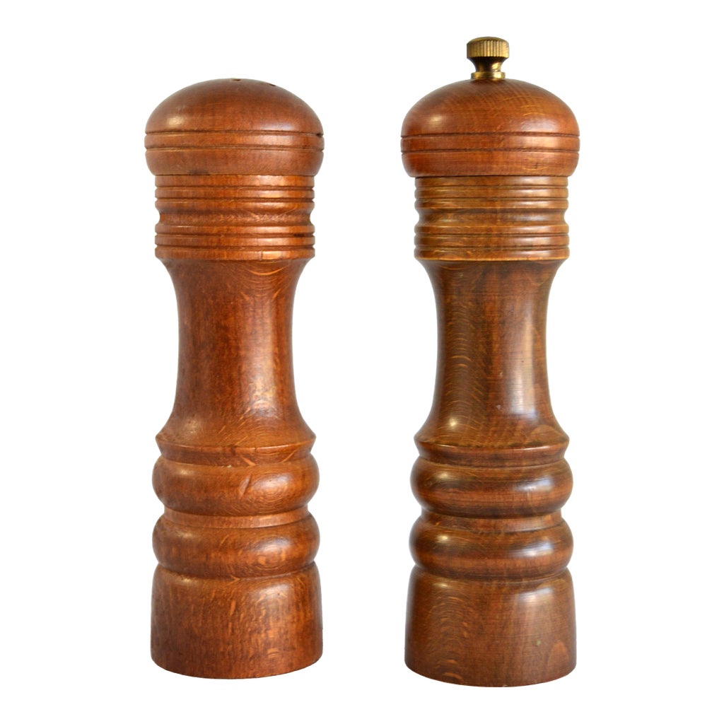 1970s Brown Turned Exotic Wood Brass Salt & Pepper Mill Shakers