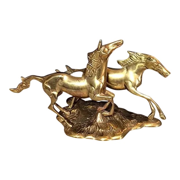 1970's Western, Equestrian Solid Brass Galloping Horses Figurine For Sale