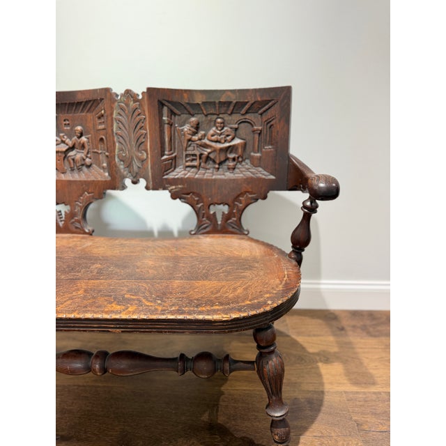Gothic Antique German Black Forest Carved Tiger Oak Drunken Monk Tavern Bench For Sale - Image 3 of 16