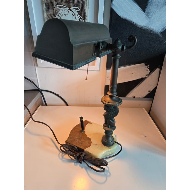 1910s Early Bronze Sphinx Bankers Lamp W Onyx Base & Pen Holder For Sale - Image 4 of 13