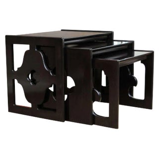 Vintage Ebonized Cut Out Wood Nesting Tables Set of 3, 1960's For Sale