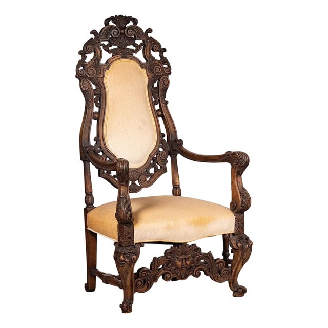 Early 20th Century Large Italian Baroque Style Upholstered Carved Armchair For Sale
