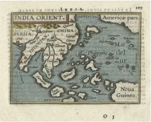 Miniature Map of Southeast Asia and Nova Guinea by Ortelius for Vrients, 1601