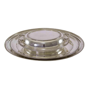 1970’s Vintage/New Set of 3 Silver Oval Platters and Entree Dish & Cover With Bead Mount