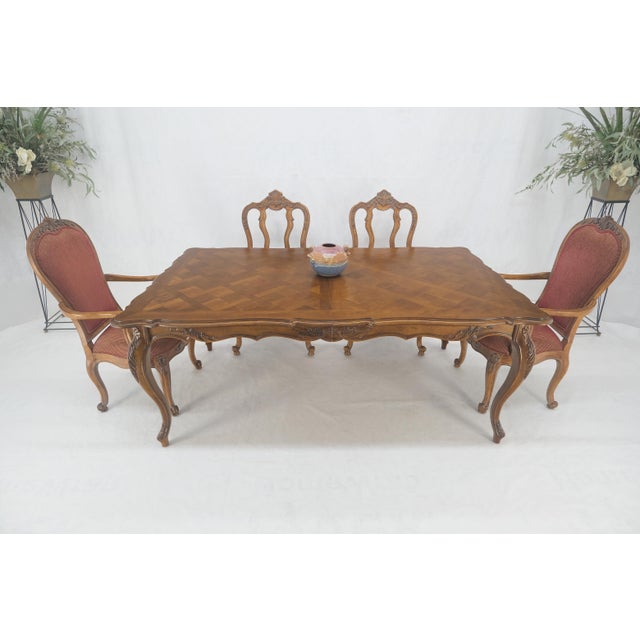 Country French Parquetry Top Table 6 Dining Chairs 2X22" Extension Board Leafs For Sale - Image 13 of 17