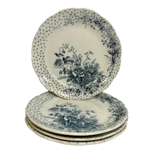 Antique Set of 4 Sampson Hancock Aesthetic Movement Blue Poppy Floral Pattern Scalloped Edge Dessert Plates From England - Circa 1885