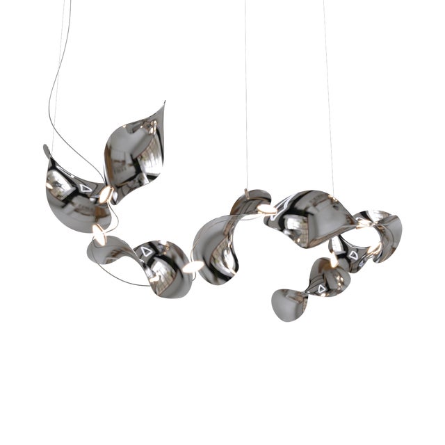 Silver Dune 8 Curve Chandelier with Silver Hand Polished Shades by Daniel Becker for Moss Objects For Sale - Image 8 of 8