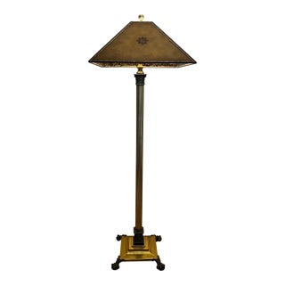 Vintage Maitland Smith Arts & Crafts Style Brass and Bronze Floor Lamp With Leather Shade For Sale