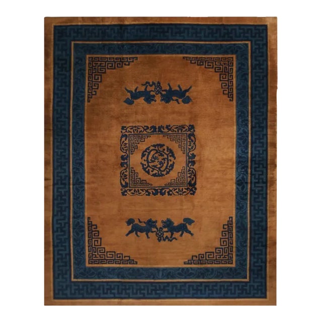 Antique Peking Blue and Copper Brown Wool Rug With Rare Kirin Designs For Sale