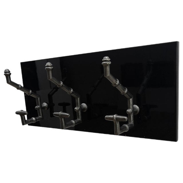 Antique Cast Iron & Faux Bamboo Wall Hooks Hangers on New Black Wooden Support For Sale