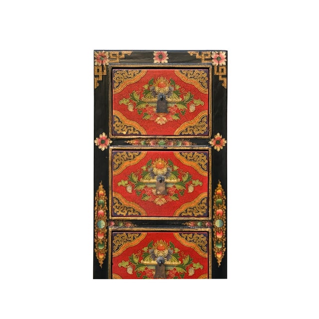 1990s Tibetan Style Red Flower Graphic Slim Narrow 6 Drawers Storage Cabinet For Sale - Image 5 of 11