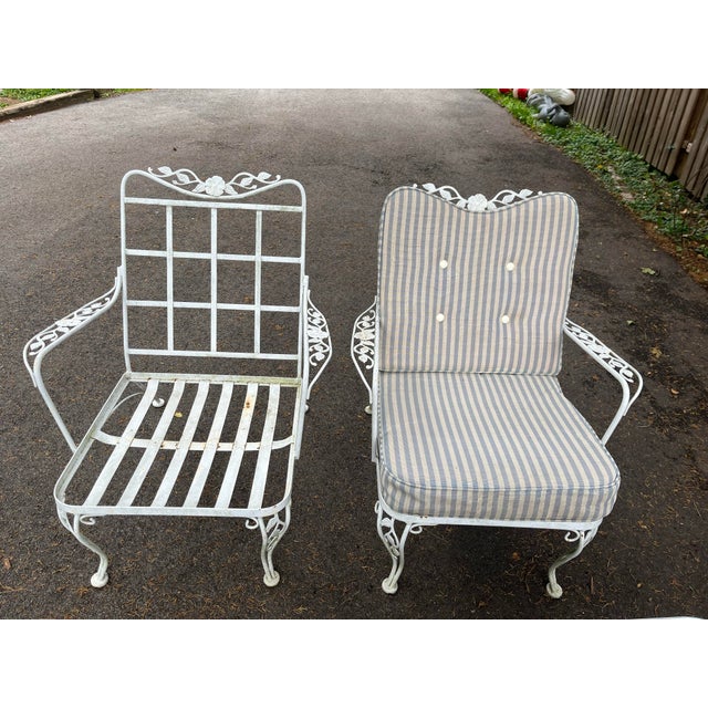 Vintage 1950s Woodward Style Wrought Iron White Chantilly Rose Pattern Set of 5 With Water Proof Cushion Patio Furniture For Sale In Philadelphia - Image 6 of 7