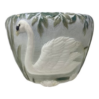 1900s Majolica Swan Jardiniere Attributed to Keller & Guerin Saint Clement For Sale