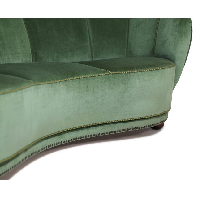 Early 20th Century Flemming Lassen 1930s Danish Deco Curved Back Settee in Original Green Mohair For Sale - Image 5 of 13