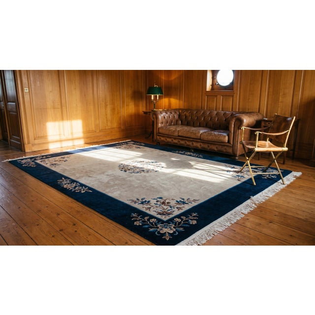 1920s Gray Solid Open Fiel Antique Chinese Peking Carpet 9'2" X 11'10" Knotted Wool Rug For Sale - Image 14 of 15