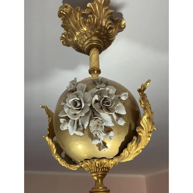 Vintage Italian Hanging Lamp in Brass and Porcelain, 1980s For Sale - Image 8 of 10