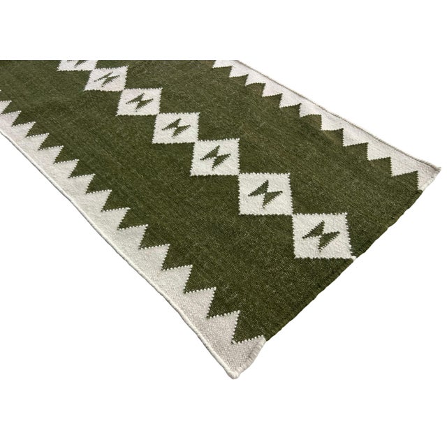 Textile Handmade New Zealand Wool Dhurrie Runner, Olive Green and Cream Geometric Runner Rug- 2'x9' For Sale - Image 7 of 12