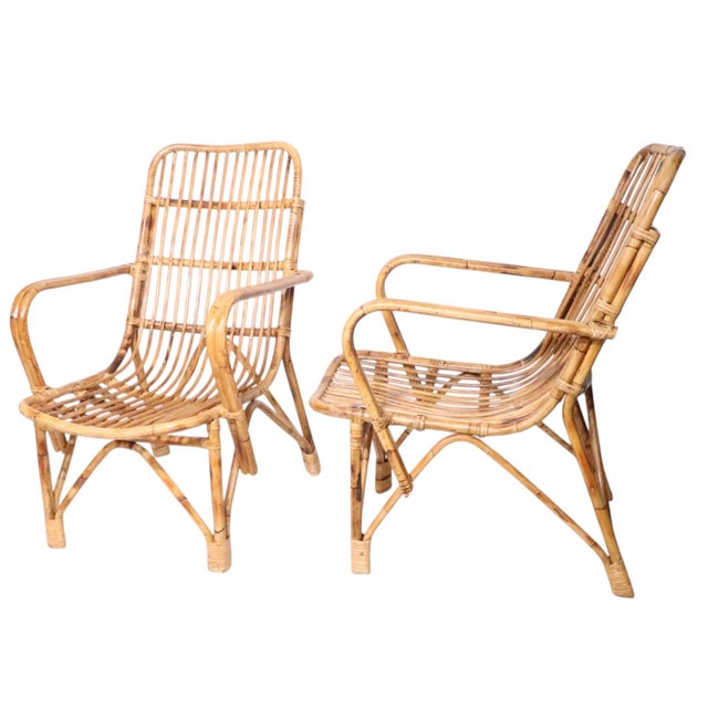 Mid-Century Modern Pr. Coastal Style Mid 20th Century Bamboo Rattan Lounge Chairs For Sale - Image 3 of 12