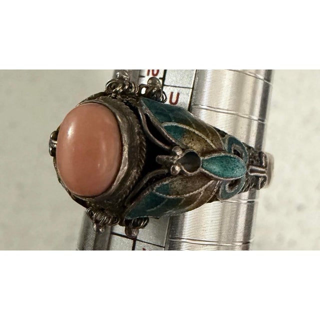 Art Deco 1950s Bj Beatrix Pink Coral Cloisonne Butterfly Sterling Silver Ring Size 11 For Sale - Image 3 of 6