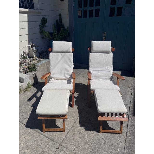 Late 20th Century Pair of Folding Teak Deck Chairs With Queen Elizabeth, 1st Class Only Label For Sale - Image 14 of 16