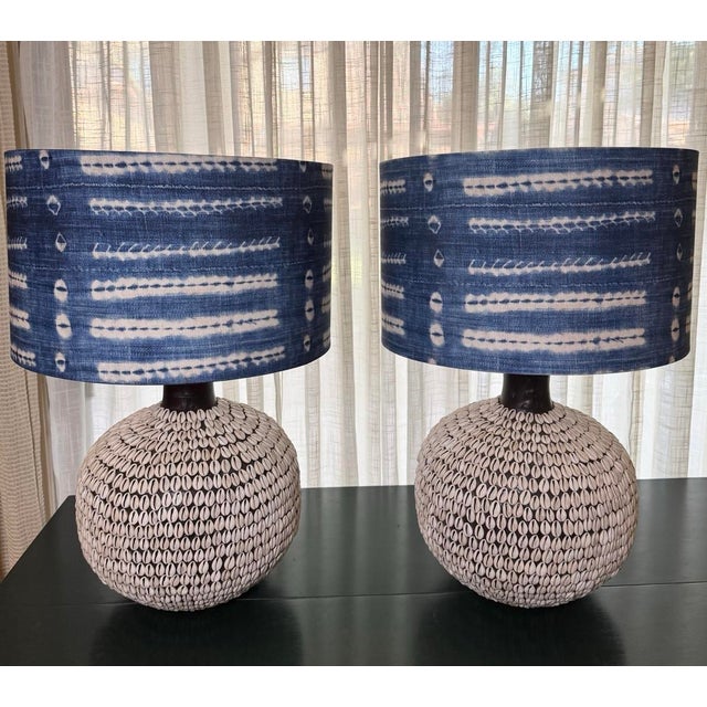 South Pacific Cowrie Shell Encrusted Table Lamps Ikat Style Shades - A Pair For Sale - Image 12 of 12