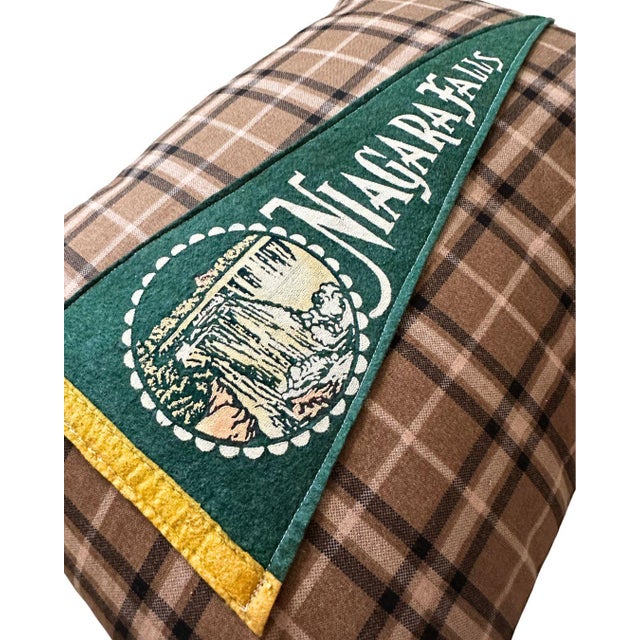Description: Vintage Niagra Felt Pennant from around the 1960s. Unknown date. New cotton fabric used to create this throw...