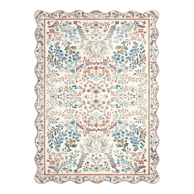 Ivory Washable Folk Floral Rug with Scalloped Edge, 3x4 For Sale