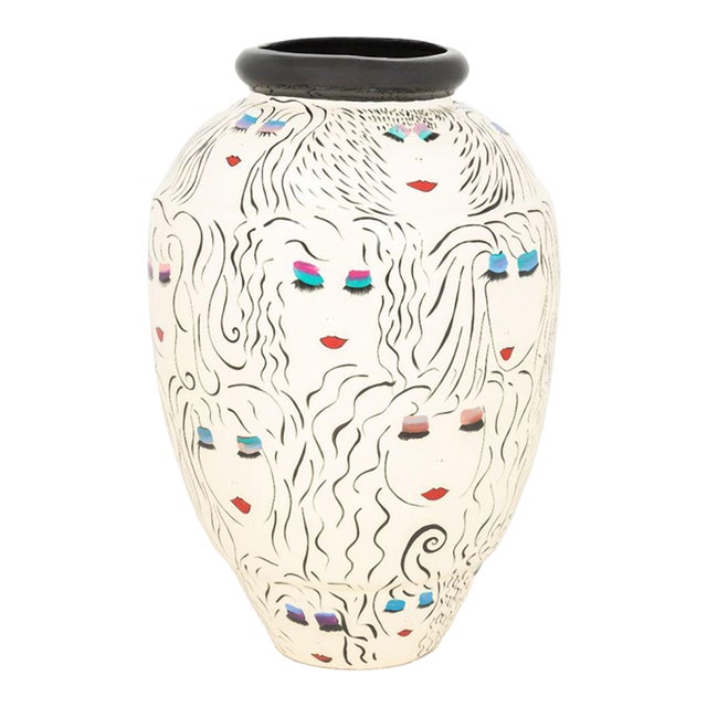 Signed Modern Hand-Painted Ceramic Floor Vase For Sale
