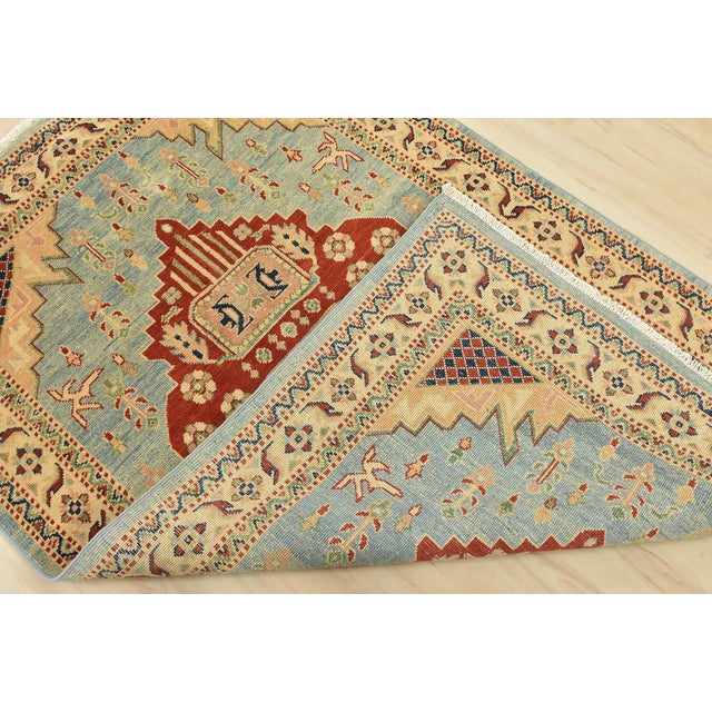 Kazak Rug 4′ X 5’11” Blue Wool Tribal Hand-Knotted Oriental Carpet For Sale - Image 11 of 12