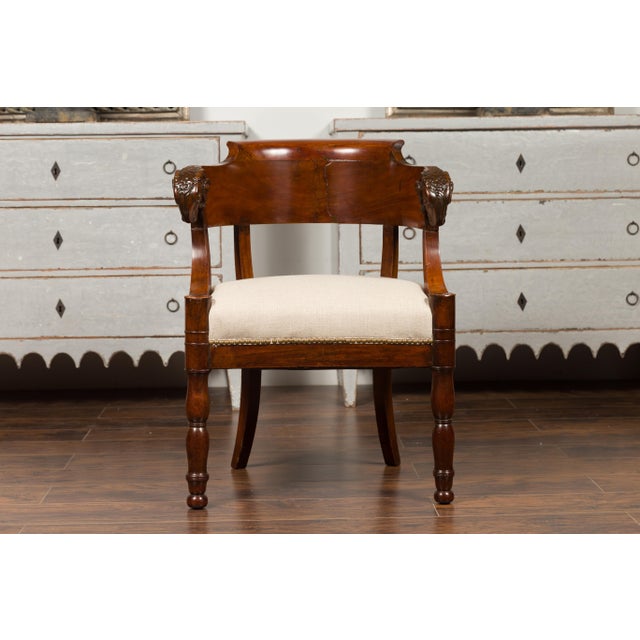 French 1830s Restauration Period Mahogany Armchair with Carved Rams' Heads For Sale - Image 11 of 12