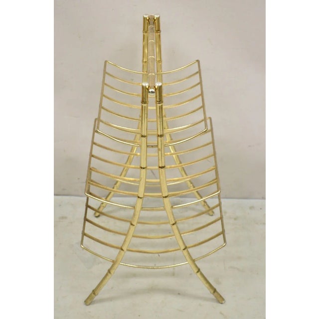 Gold Late 20th Century Vintage Gold Metal Faux Bamboo 3 Tier Hollywood Regency Magazine Rack Stand For Sale - Image 8 of 11