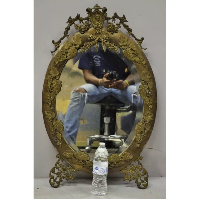 Antique French Victorian Brass Frame Bronze Ormolu Oval Beveled Glass Mirror For Sale - Image 10 of 12